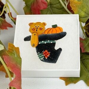 Hand Painted Wooden Bear Pin Brooch with Pumpkin – Fall Autumn Primitive